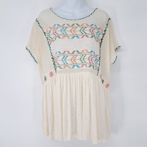 Free People Boho Aztec Embroidered Flowy Gauze Top‎ Oversized Size Small
